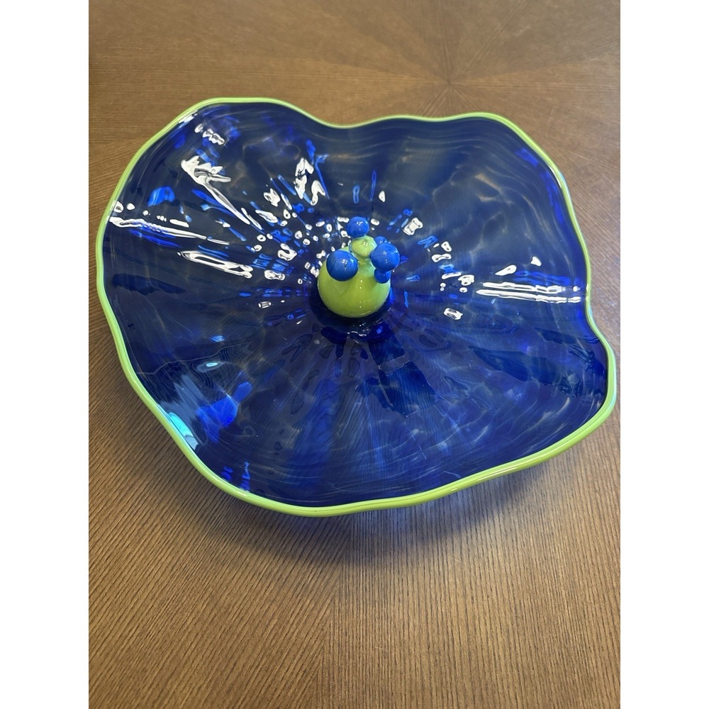 Hand Blown Art Glass Bowl Blue w Green Rim Prunt Center 12" Modern - Picture 4 of 10